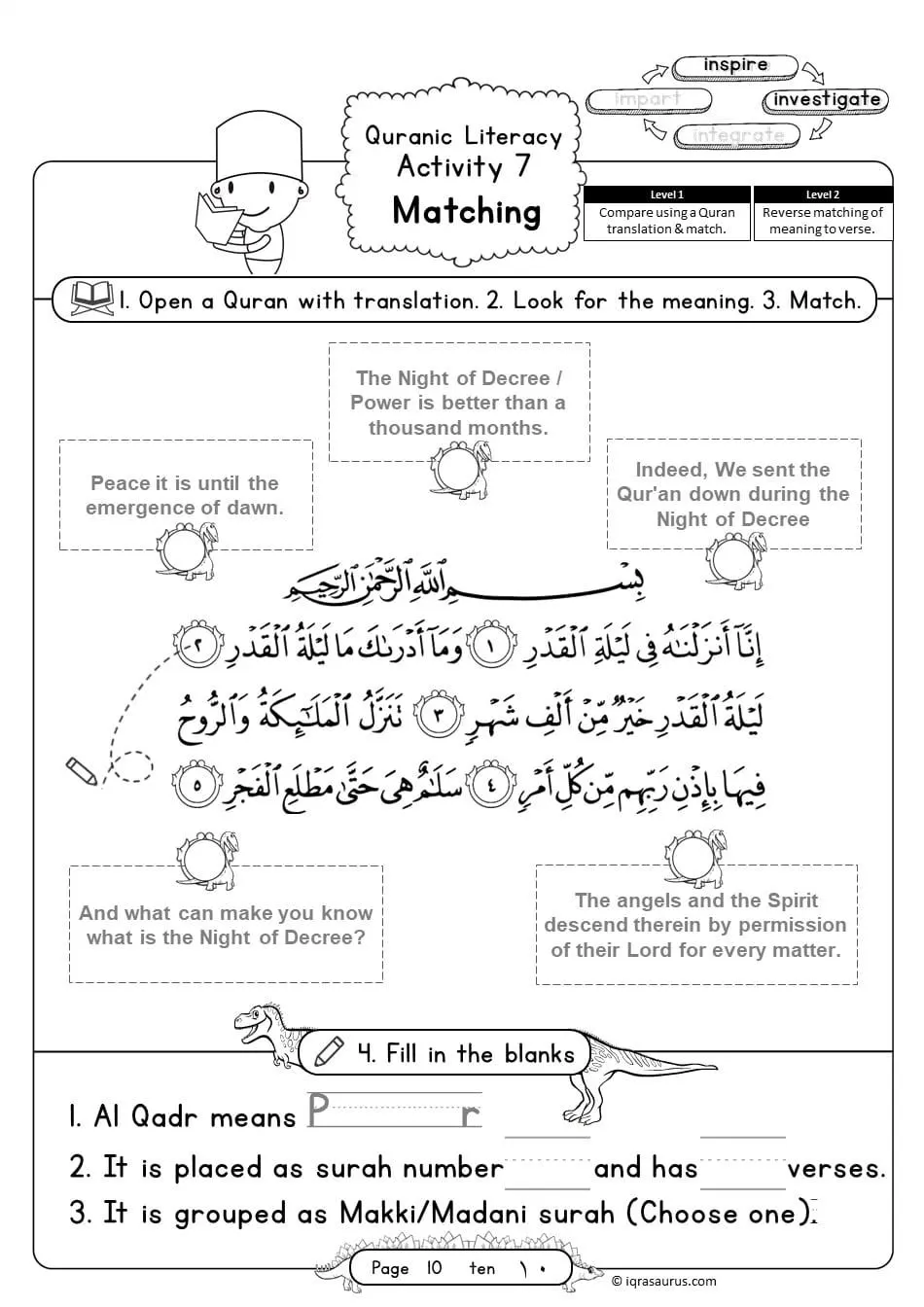 Booklet page 10: a Quranic literacy matching activity, pairing each verse of Surah Al-Qadr with its meaning