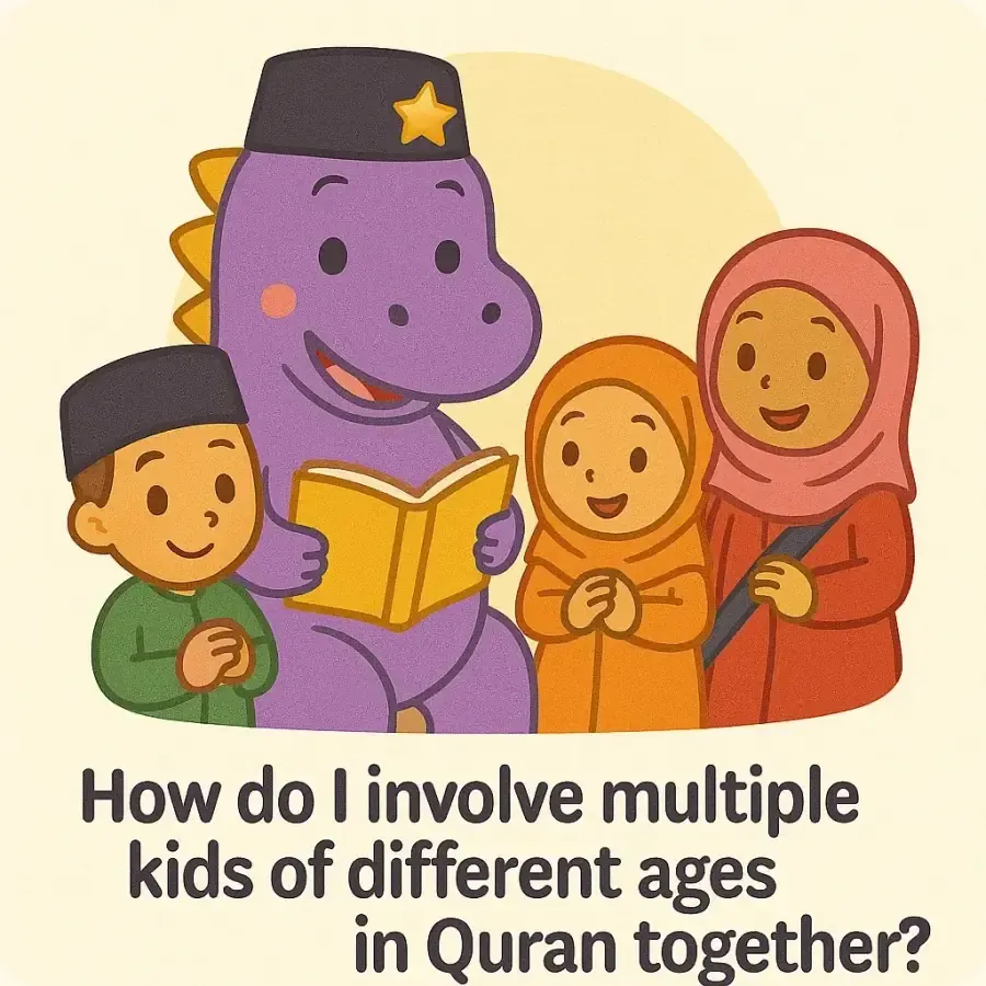 The IqraSaurus dino in a songkok with a book and children, under the question "How do I involve multiple kids of different ages in Quran together?"