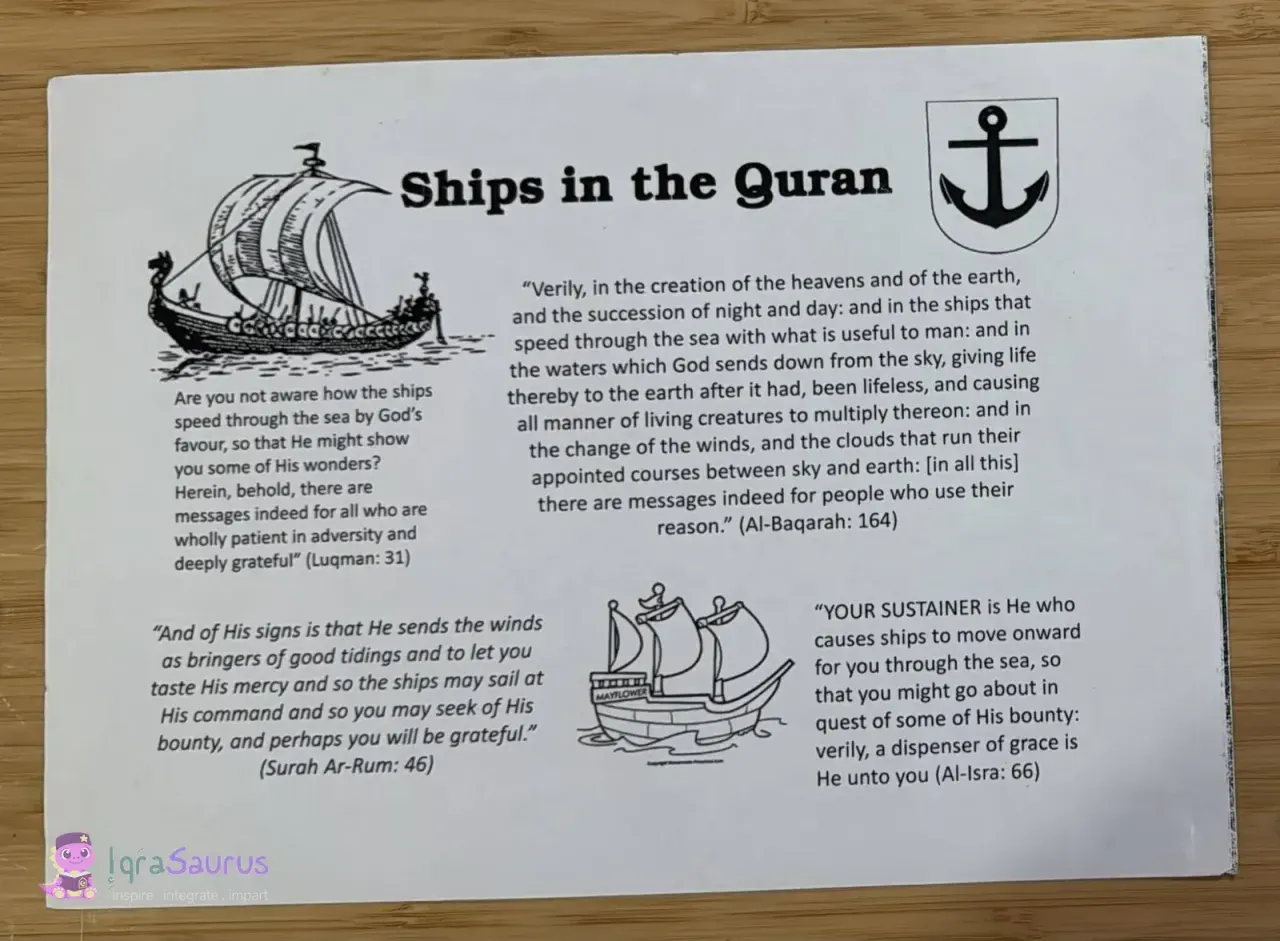 Our "Ships in the Quran" sheet, with four verses and drawings of ships and an anchor