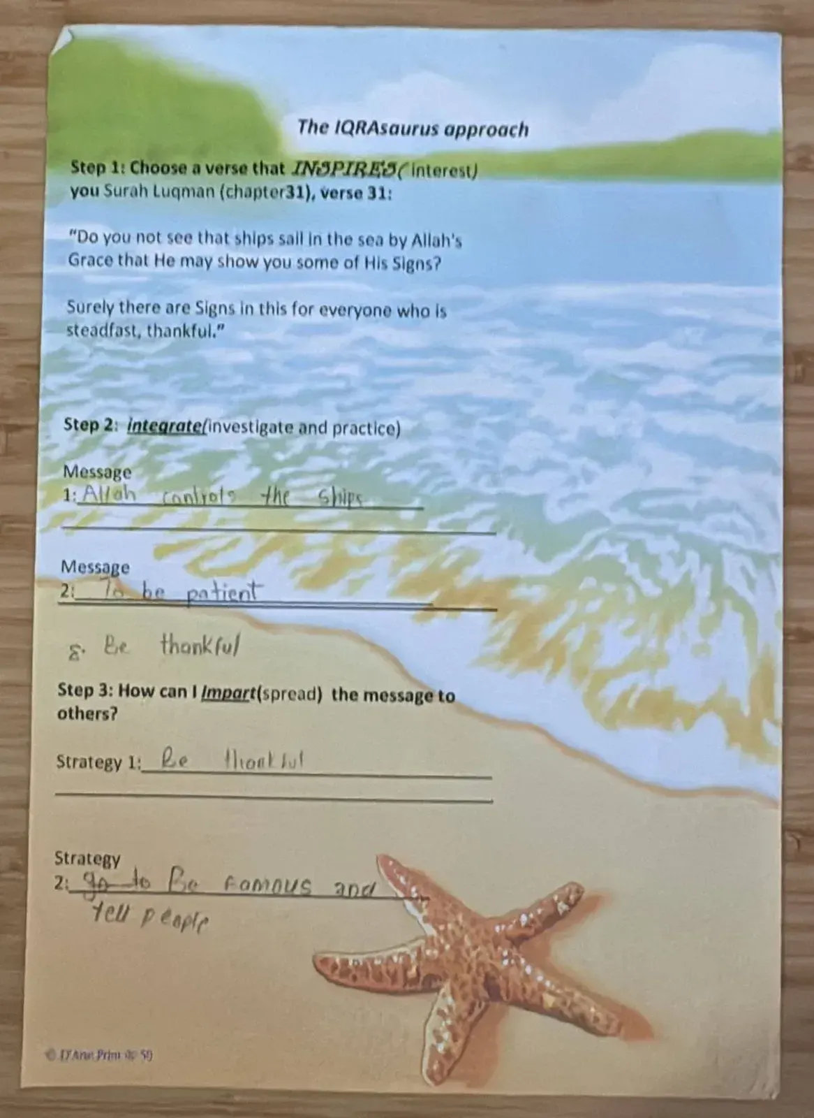 The original 3-I worksheet on a verse from Surah Luqman, filled in by a child