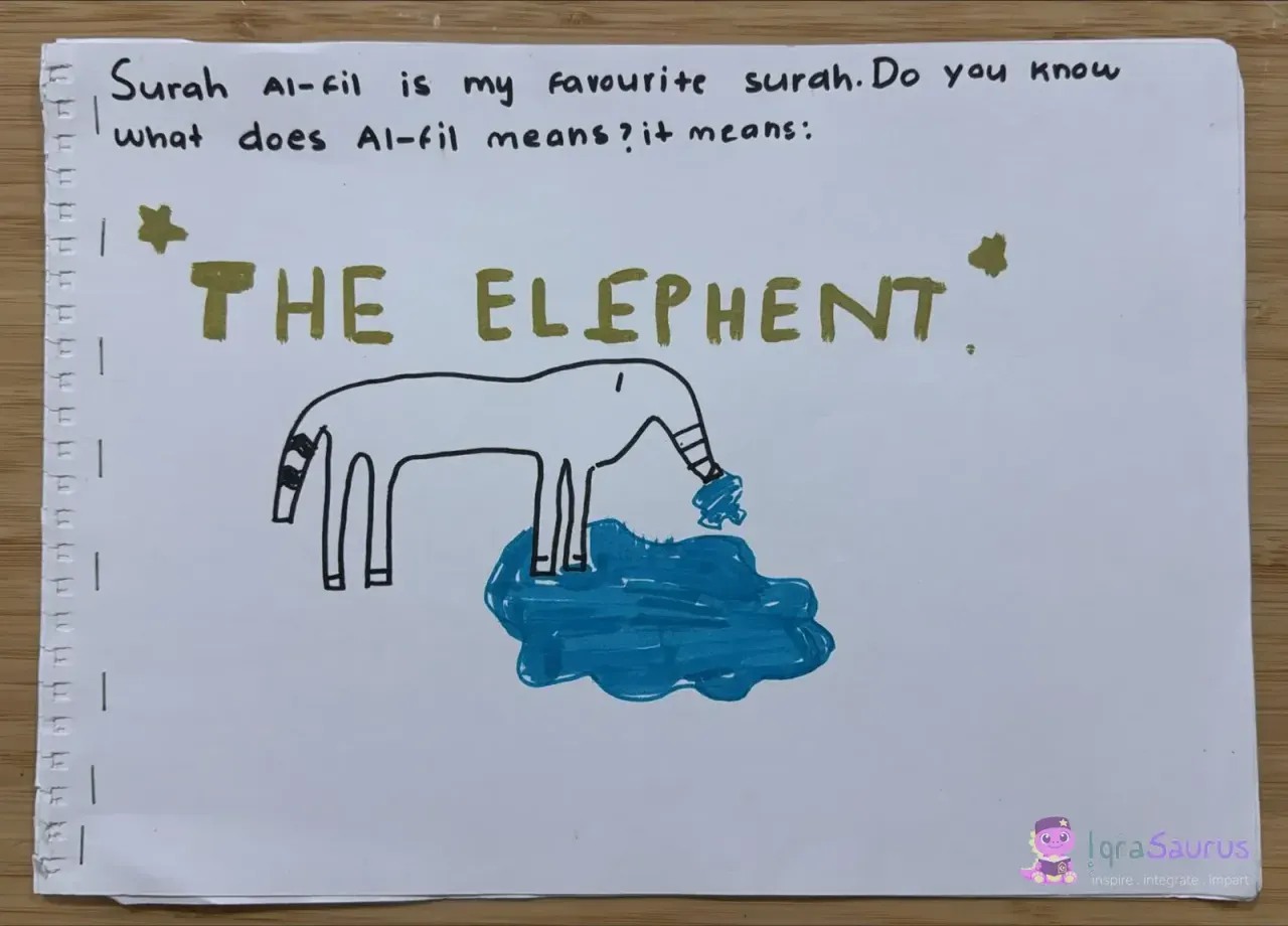 An elephant drinking from a blue pool of water, under the words THE ELEPHENT in gold letters.