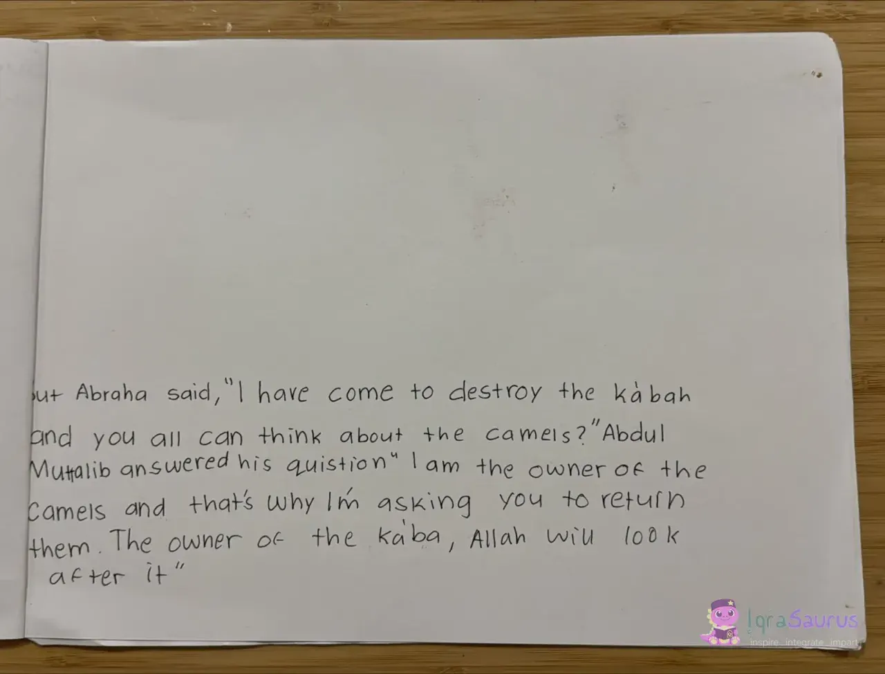 A blank page left for a picture, with six lines of writing at the bottom.