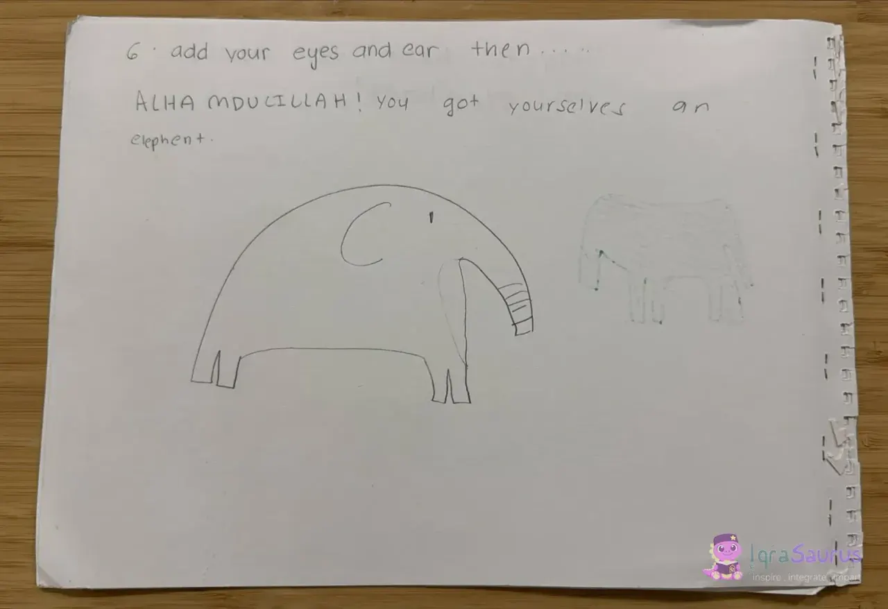 The finished outline elephant with its ear, eye and trunk, beside a faint green elephant showing through from the next page.