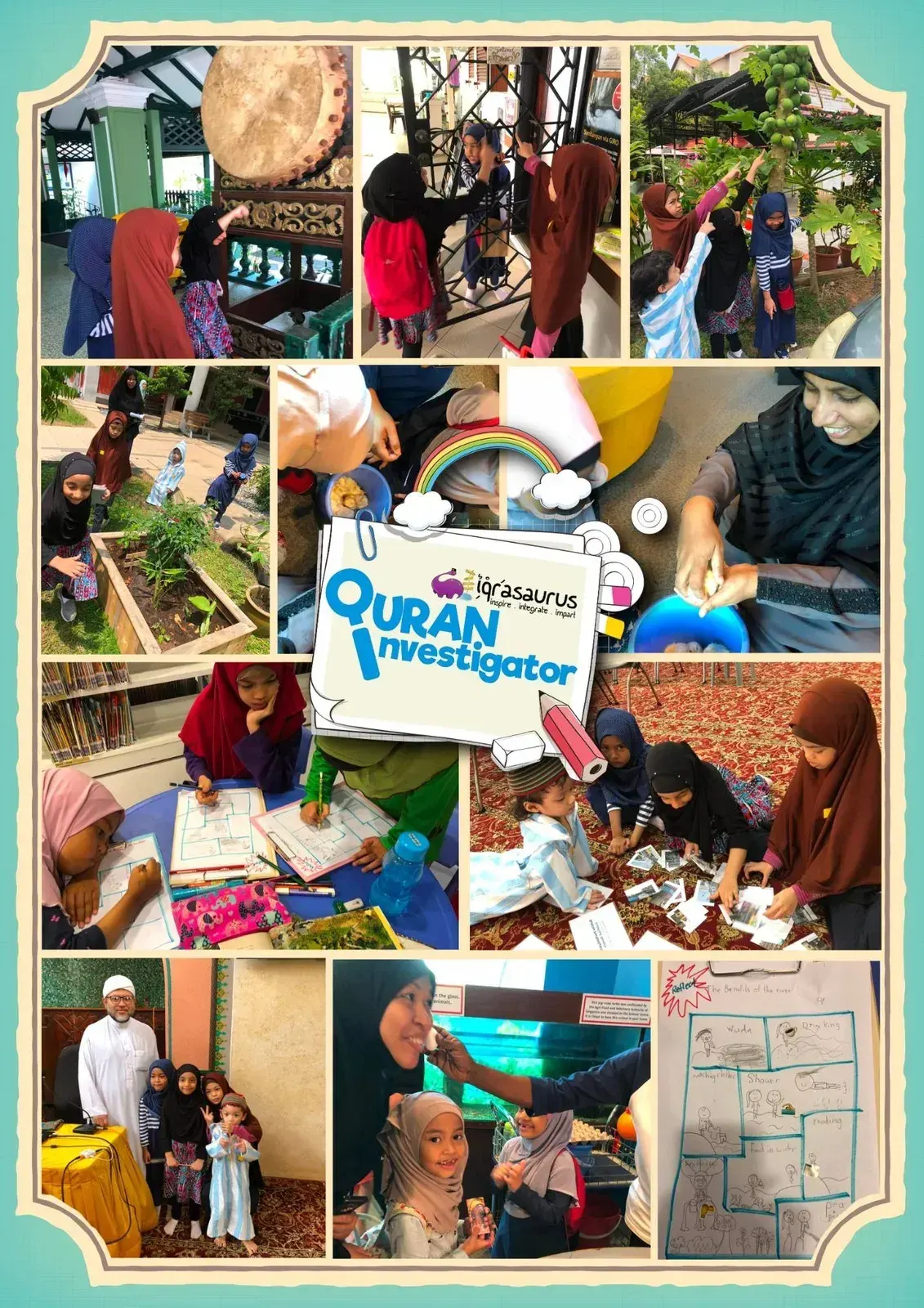 Collage of Quran Investigators outings: a mosque drum, a papaya tree, a garden bed, an ustaz with the children and a river comic
