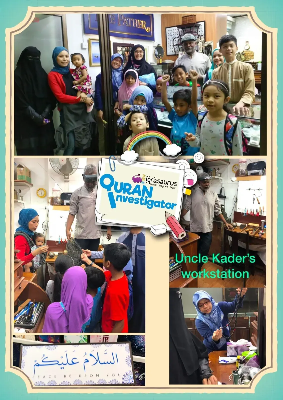 A collage of a visit to a craftsman's workshop, with children watching the work and a peace greeting sign
