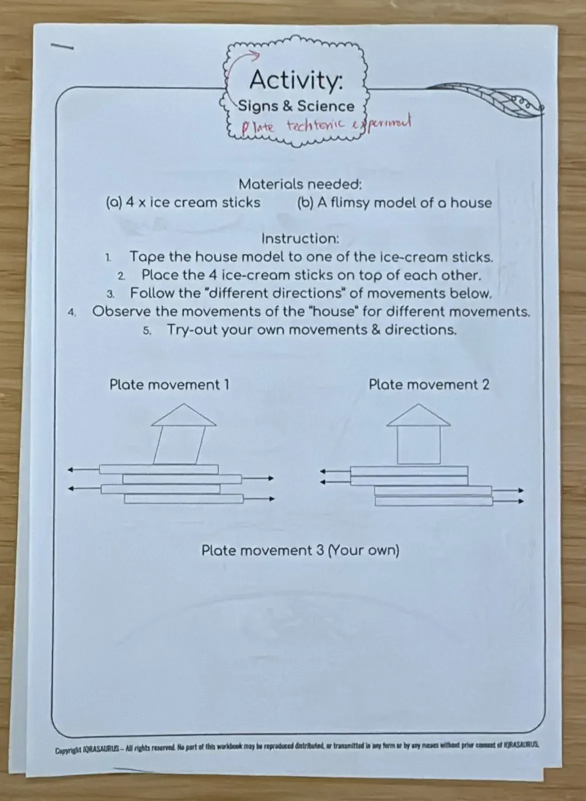 The Signs & Science page: a plate-movement experiment with ice-cream sticks and a model house
