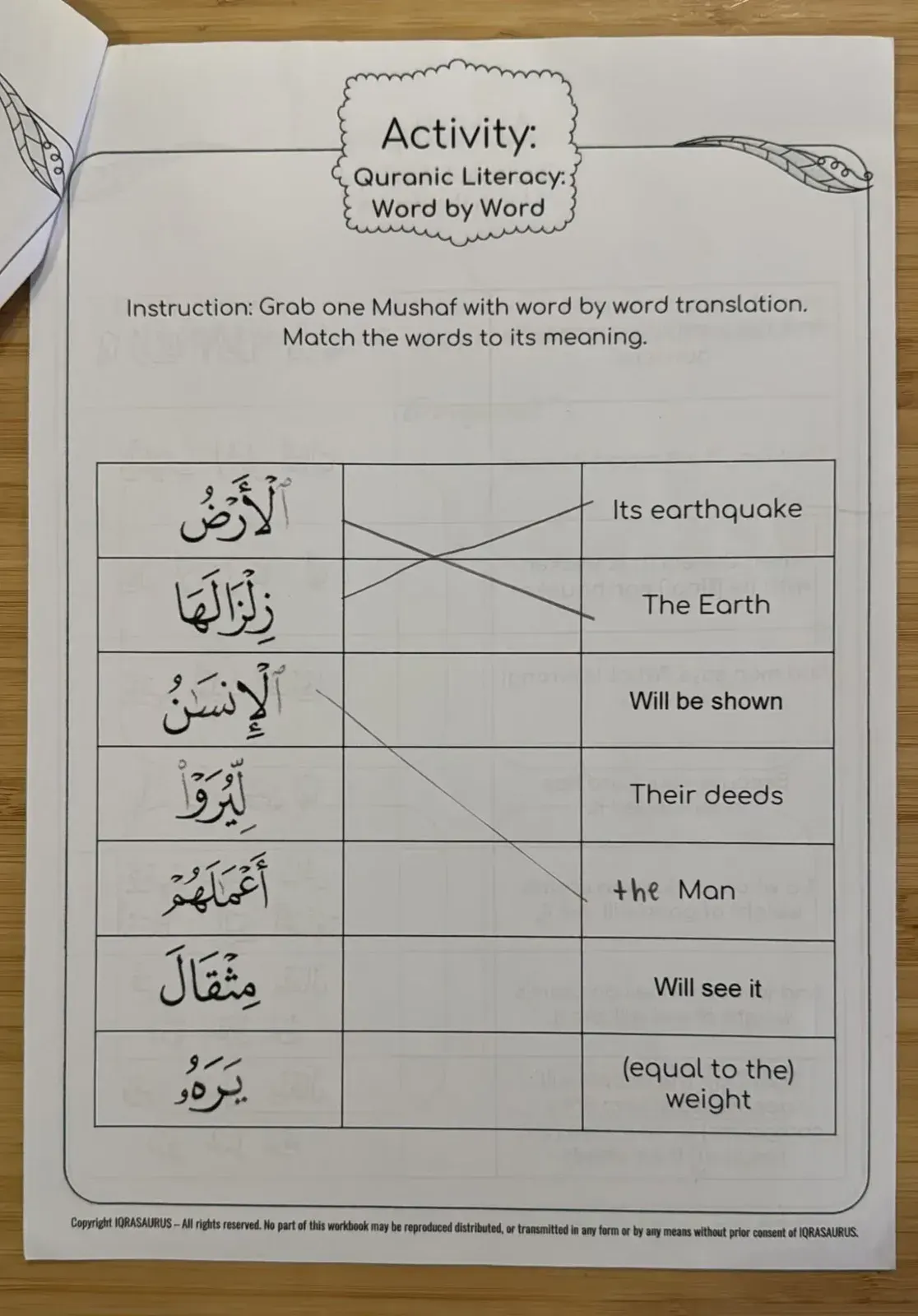 A Quranic Literacy page matching Arabic words from the surah to their meanings