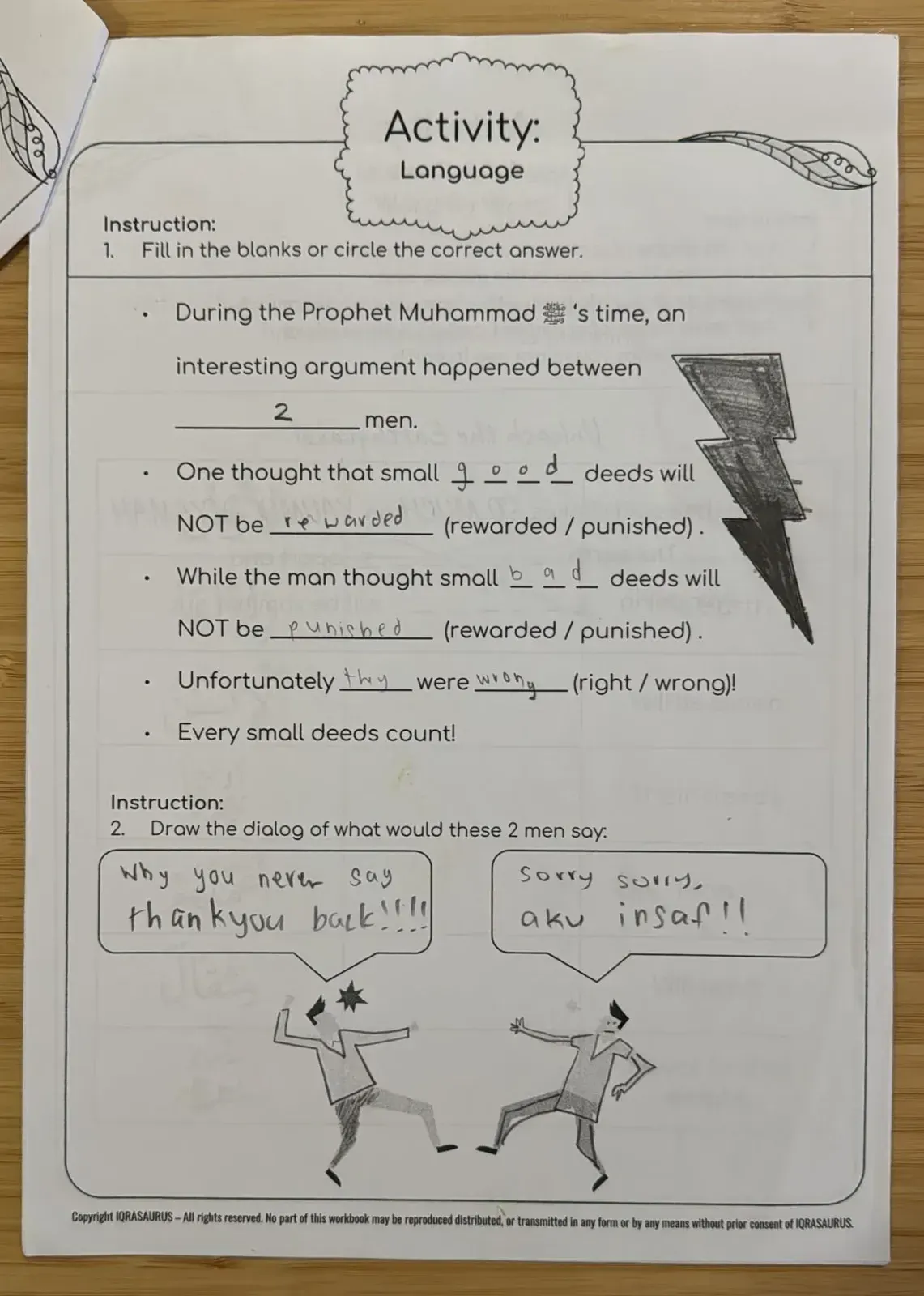 A Language page with two cartoon men arguing and a child's handwritten speech bubbles