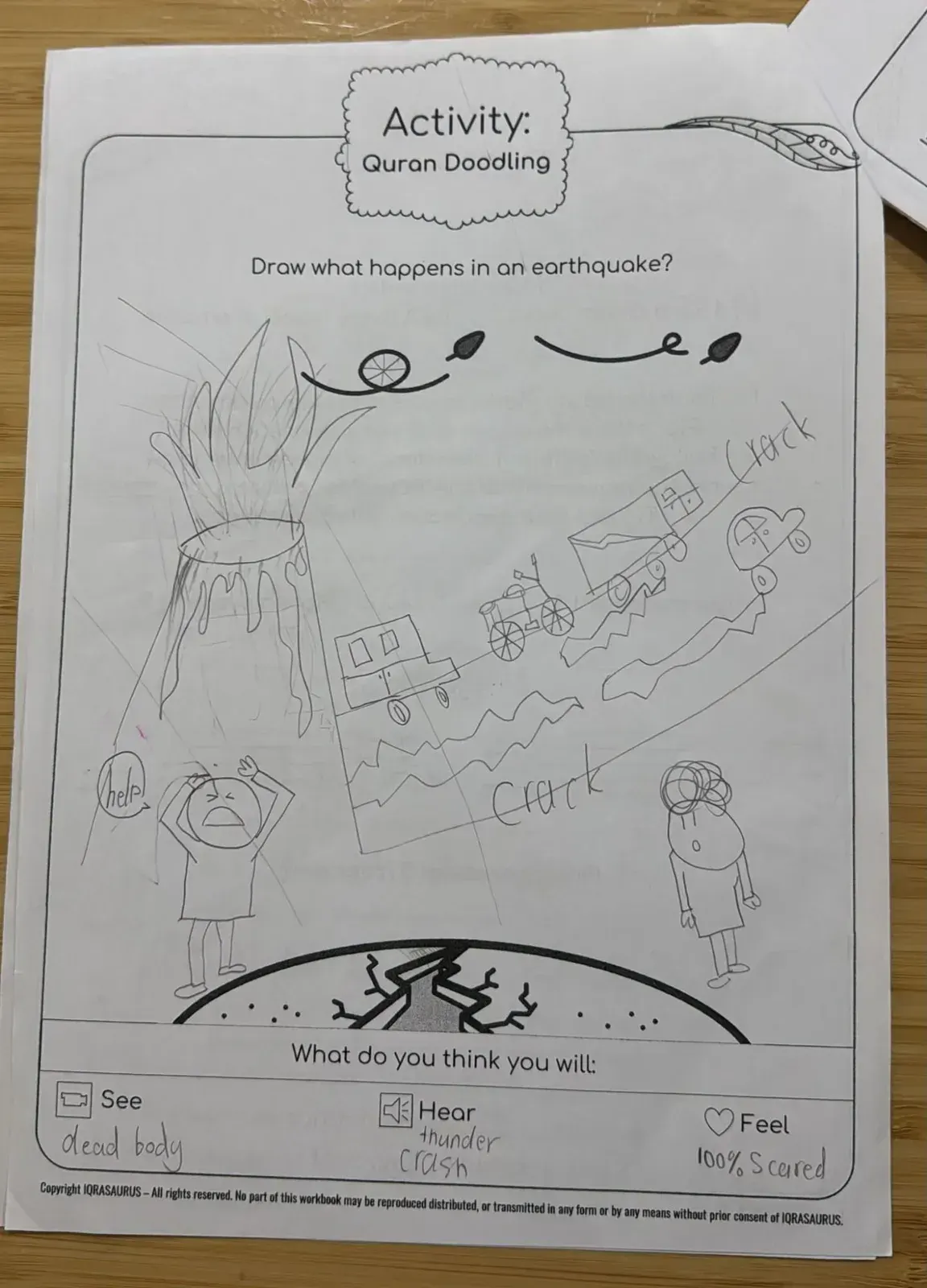 Hilwaa's Quran Doodling page: a volcano, cars on a cracking road and a person crying for help