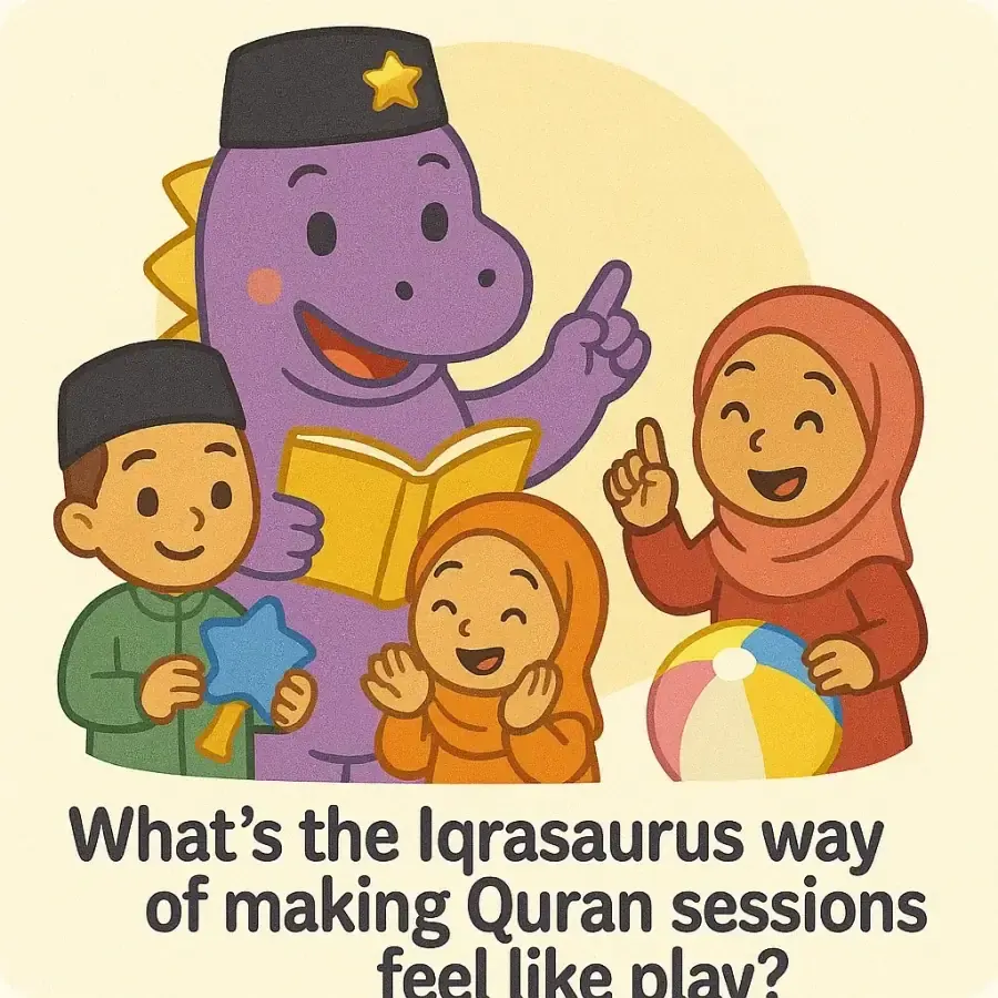 The IqraSaurus dino in a songkok with a book and children, under the question "What's the IqraSaurus way of making Quran sessions feel like play?"