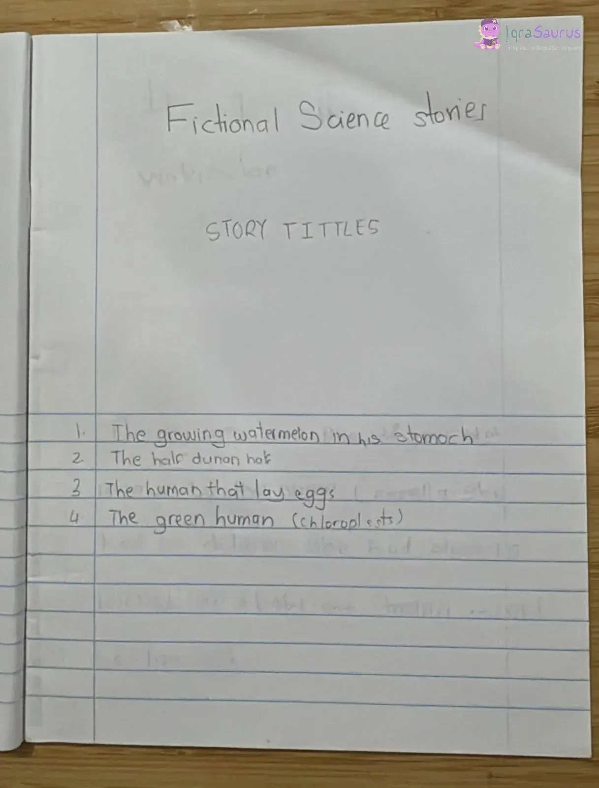 The first page of an exercise book listing four story titles under the heading Fictional Science stories.