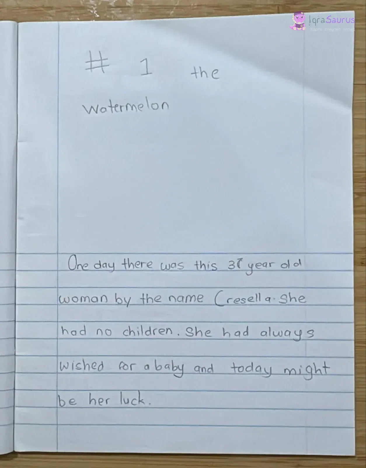 The opening page of story number 1, with the title at the top and the story written on the lines below.