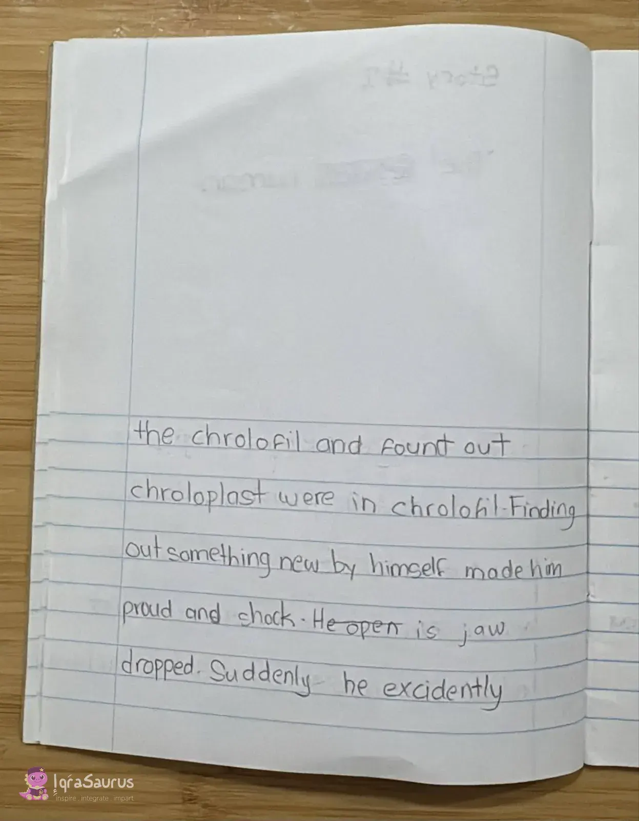 A lined page continuing the story, with two words crossed out.