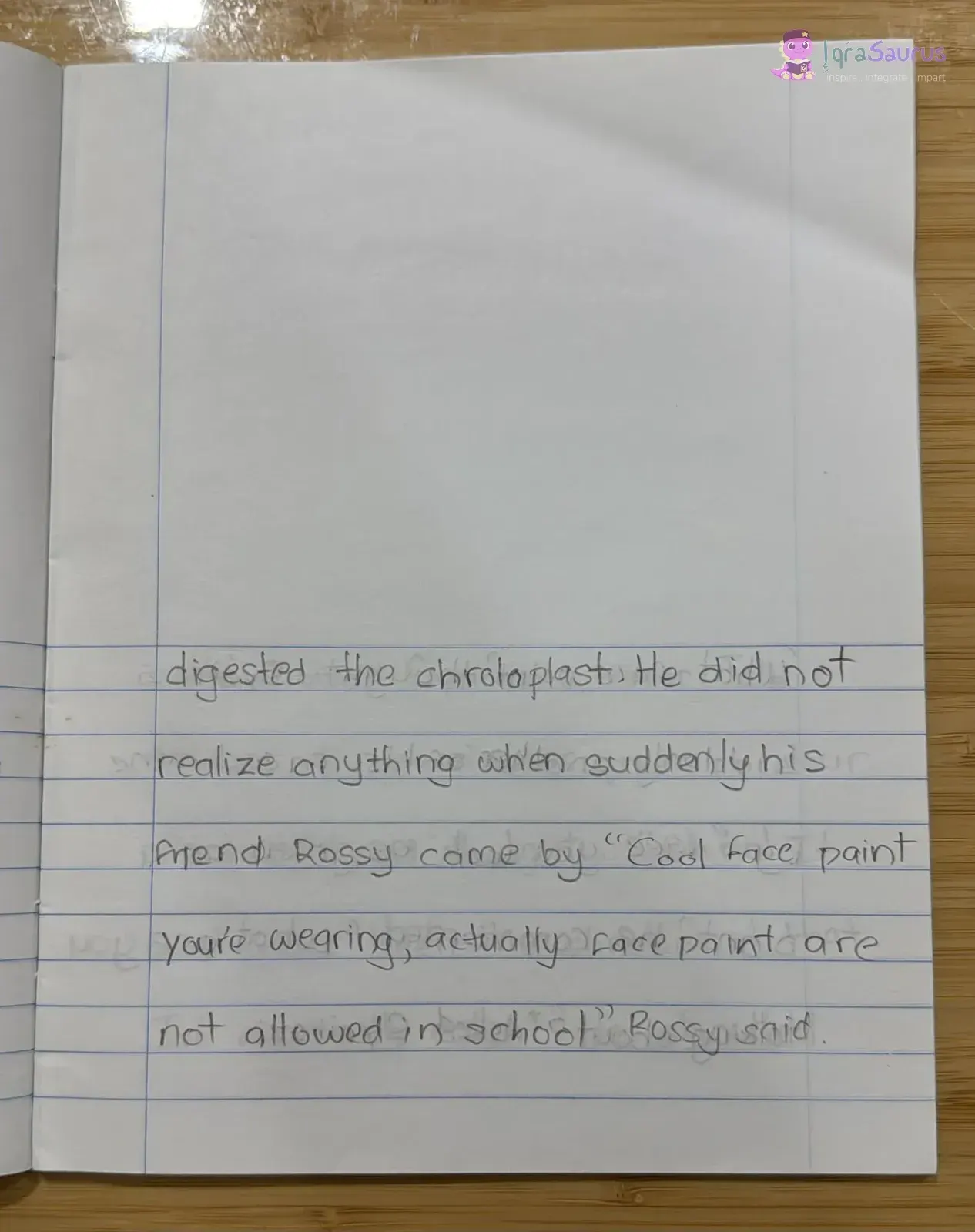 A lined page continuing the story, where his friend Rossy notices his face.