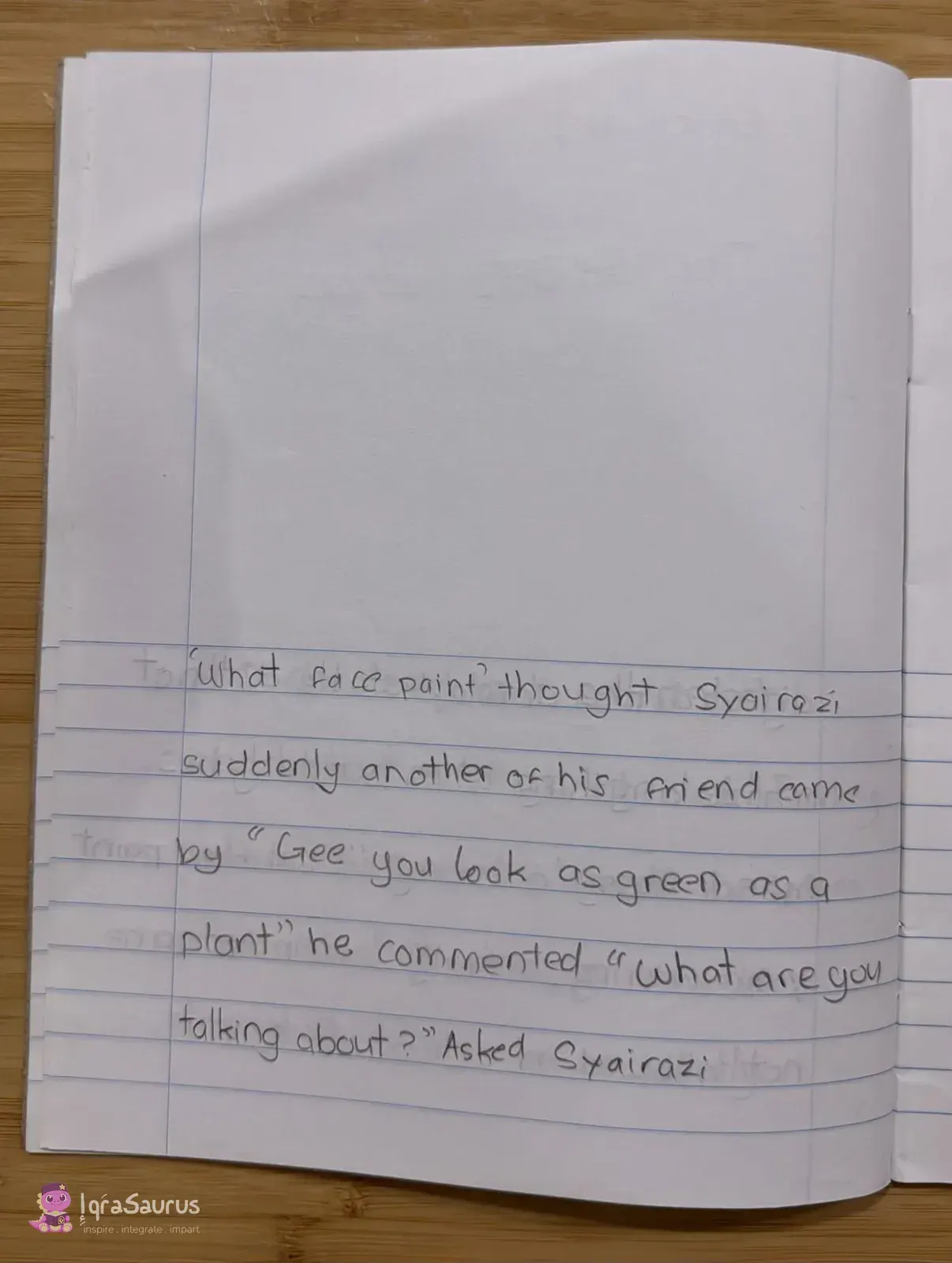 A lined page continuing the story, where another friend says he looks green.