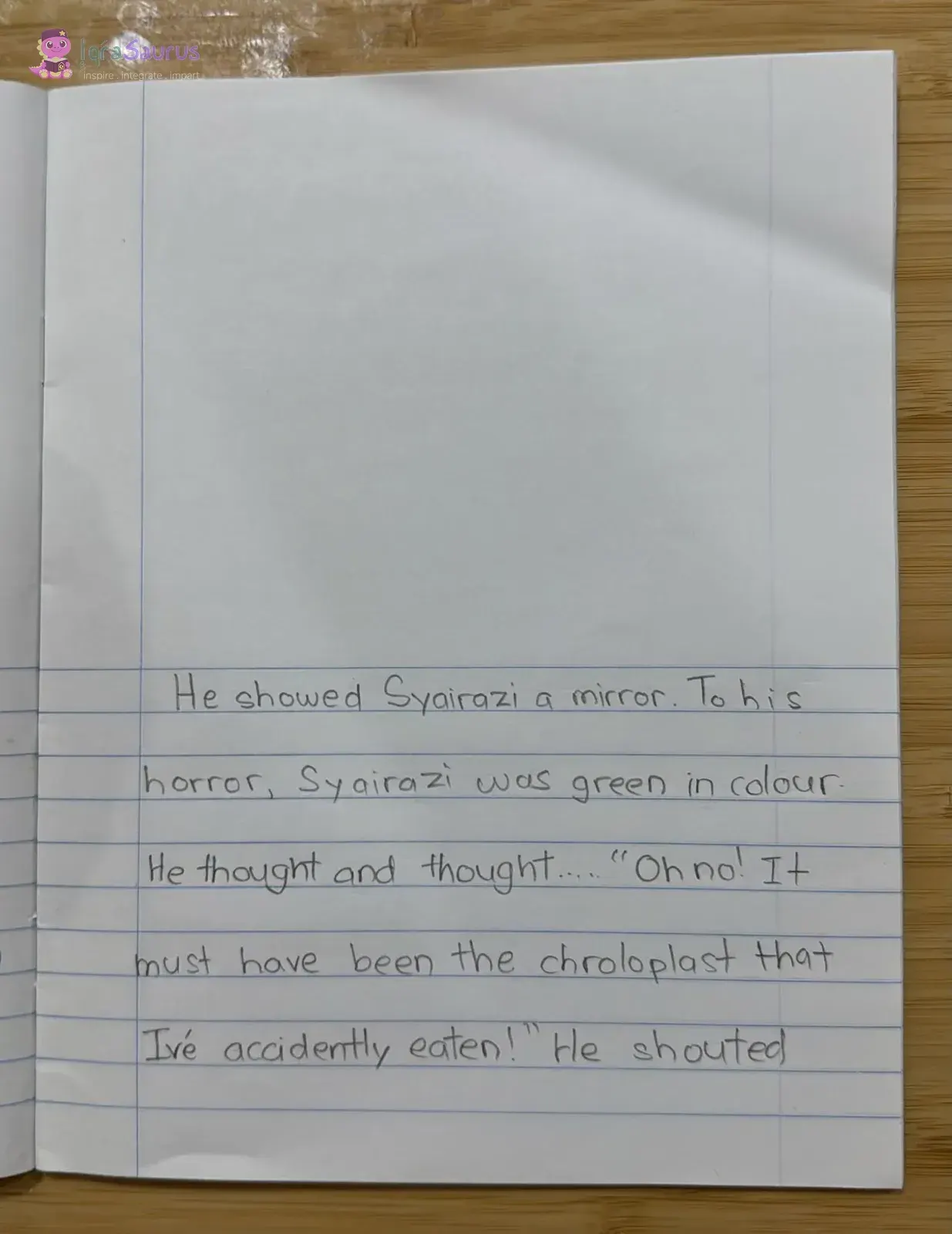 A lined page where the boy sees in a mirror that he has turned green.