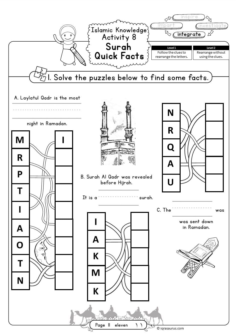 Booklet page 11: an Islamic knowledge word-puzzle activity, unscrambling letters to find quick facts about Surah Al-Qadr